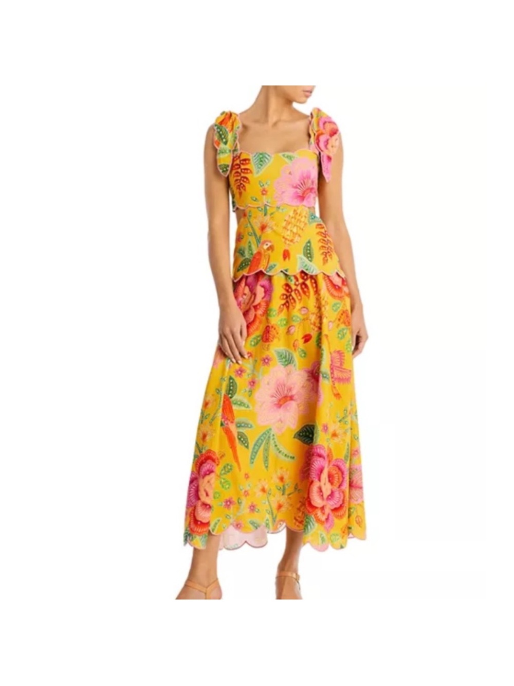 Farm Rio macaw printed floral scalloped cutout dress size Small